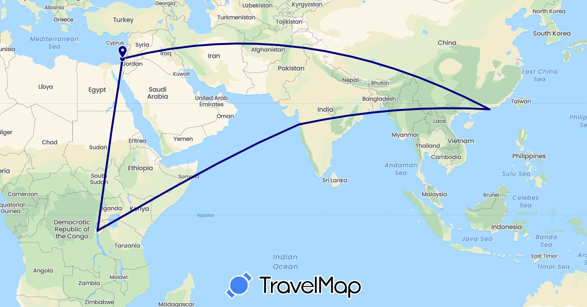 TravelMap itinerary: driving in Burundi, China, Israel, India (Africa, Asia)