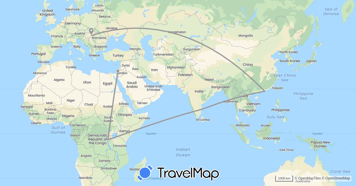 TravelMap itinerary: driving, plane in Burundi, China, Israel, India (Africa, Asia)
